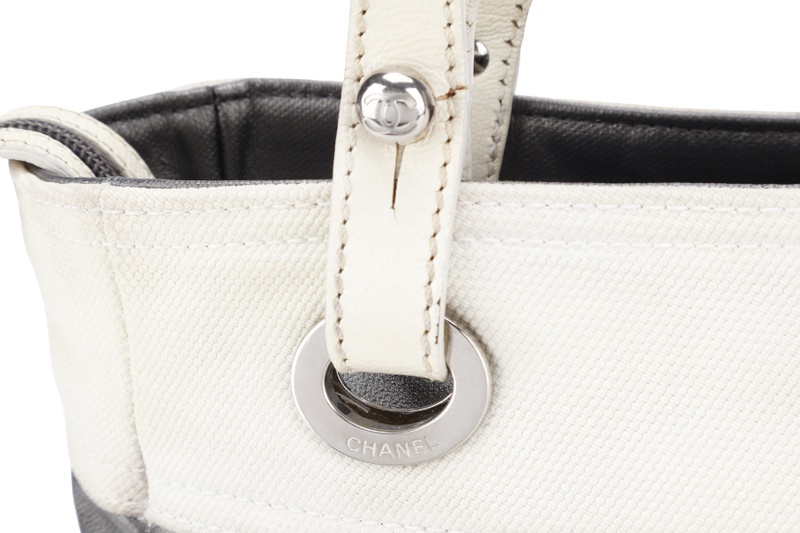 CHANEL SILVER QUILTED COATED CANVAS PARIS-BIARRITZ PETITE SHOPPING TOTE BAG SILVER HARDWARE (1132xxxx) NO DUST COVER