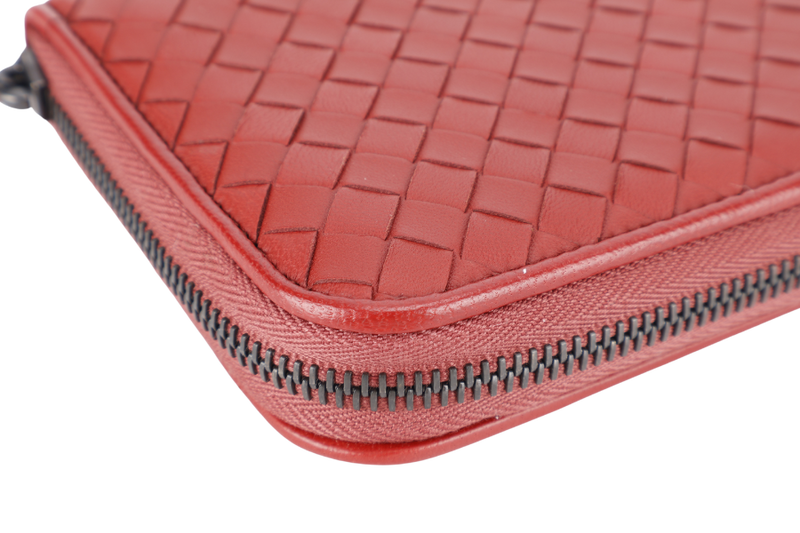 BOTTEGA VENETA INTRECCIATO RED ZIP AROUND WALLET B06817611U WITH DUST COVER AND BOX