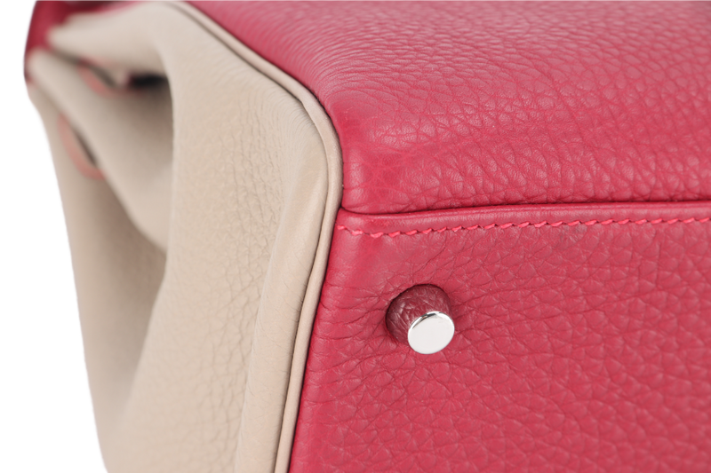 HERMES KELLY 32 HSS VERSO TOSCA AND GRIS T COLOR TOGO LEATHER BRUSHED SILVER HARDWARE STAMP O (YEAR 2011) WITH LOCK, KEYS AND STRAP, NO DUST COVER