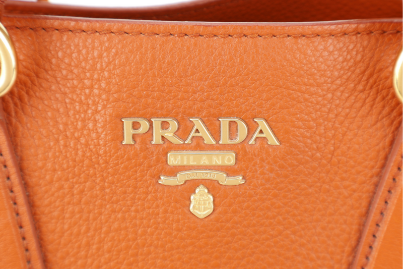PRADA BN2579 VITELLO DAINO ZIP BAG ORANGE LEATHER GOLD HARDWARE WITH DUST COVER, LONG STRAPS AND CARD
