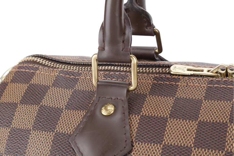 LOUIS VUITTON SPEEDY 30 DAMIER EBENE CANVAS GOLD HARDWARE WITH STRAPS, LOCK & KEYS AND DUST COVER