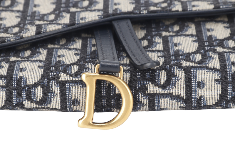 CHRISTIAN DIOR LONG SADDLE WALLET WITH CHAIN BLUE OBLIQUE LEATHER TRIMS GOLD HARDWARE WITH DUST COVER, STRAPS AND BOX