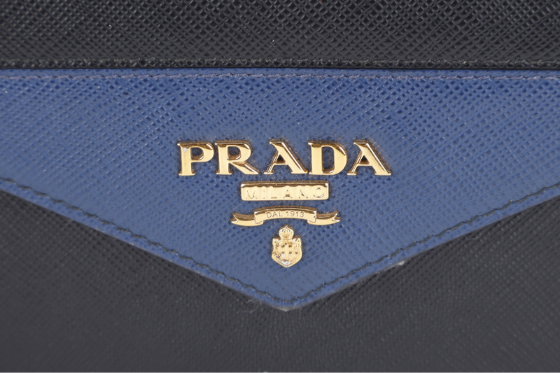 PRADA 1MF006 SAFFIANO LEATHER ENVELOPE CLUTCH BLACK & BLUE WITH CARD AND BOX
