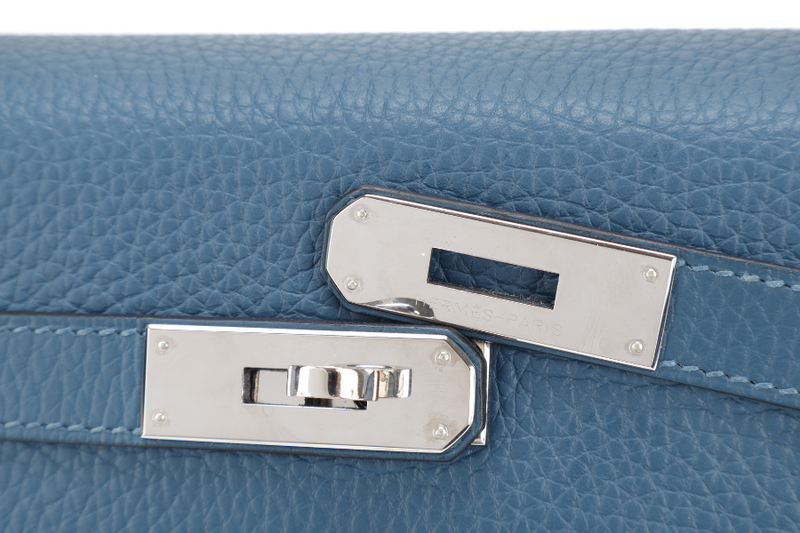 HERMES KELLY 35 BLUE COLVERT CLEMENCE LEATHER SILVER HARDWARE STAMP Q (YEAR 2013) WITH STRAPS, KEYS & LOCK , BOX AND PAPER BAG (NO DUST COVER)
