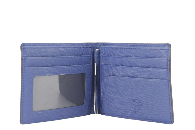 MCM AREN BI FOLD WALLET BROWN-BLUE LEATHER SILVER HARDWARE WITH DUST COVER AND BOX