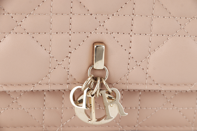 CHRISTIAN DIOR CHAIN TOP HANDLE LADY DIOR WOC MINI CARAMEL BEIGE LAMBSKIN GOLD HARDWARE WITH STRAPS, CARD, DUST COVER AND BOX