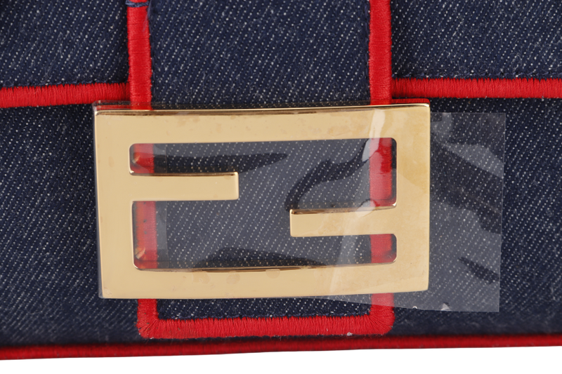 FENDI BAGUETTE SHOULDER BAG (8BR771) LARGE BLUE DENIM GOLD HARDWARE WITH STRAP, DUST COVER AND BOX