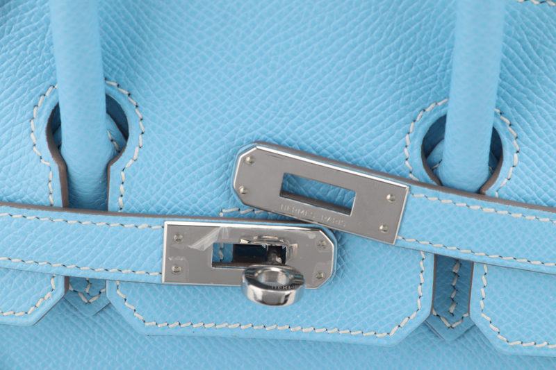 HERMES BIRKIN 25 BLUE CELESTE, BLUE THALASSA EPSOM LEATHER SILVER HARDWARE STAMP O (YEAR 2011) NO KEYS, NO LOCK WITH DUST COVER