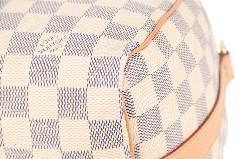LOUIS VUITTON SPEEDY BANDOULIERE 25 DAMIER AZUR MONOGRAM COATED CANVAS GOLD HARDWARE WITH DUST COVER