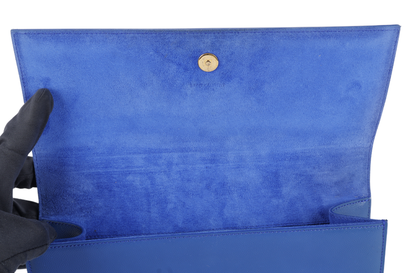 YVES SAINT LAURENT (YSL) RECTANGLE CLUTCH BLUE LEATHER GOLD HARDWARE WITH DUST COVER