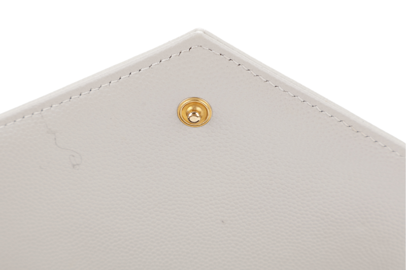YVES SAINT LAURENT (YSL) CASSANDRE MATELASSE FLAP CLUTCH IN GRAIN DE POUDRE WHITE LEATHER GOLD HARDWARE WITH DUST COVER AND BOX