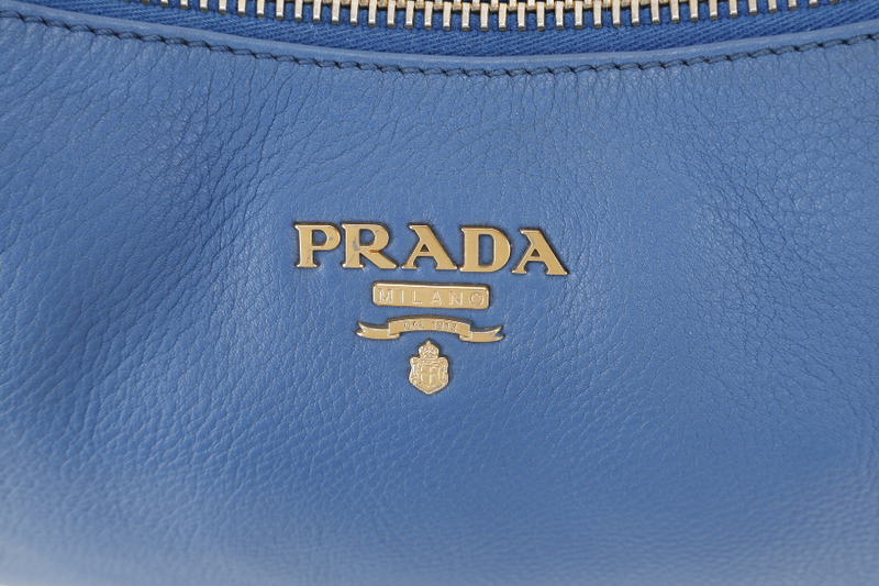 PRADA ZIP TOP HOBO VITELLO DAINO BAG LARGE BLUE LEATHER GOLD HARDWARE NO DUST COVER