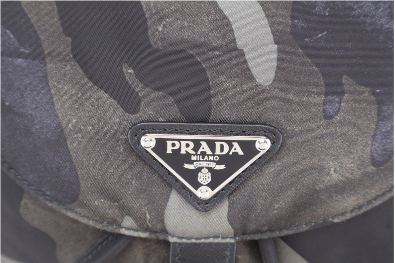 PRADA BZ0032 TESSUTO CAMOUFLAGE PATTERN GREEN BACKPACK WITH SILVER HARDWARE WITH CARD, NO DUST COVER