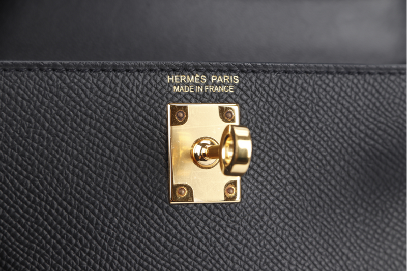 HERMES MINI KELLY (STAMP B) BLACK EPSOM GOLD HARDWARE WITH STRAP, DUST COVER AND BOX