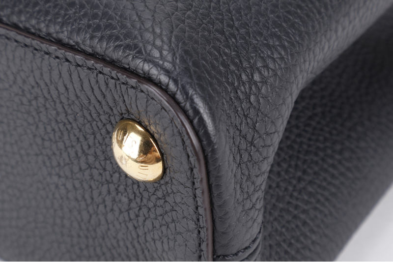 LOUIS VUITTON CAPUCINES BB BLACK CALFSKIN LEATHER GOLD HARDWARE WITH LEATHER STRAPS AND DUST COVER