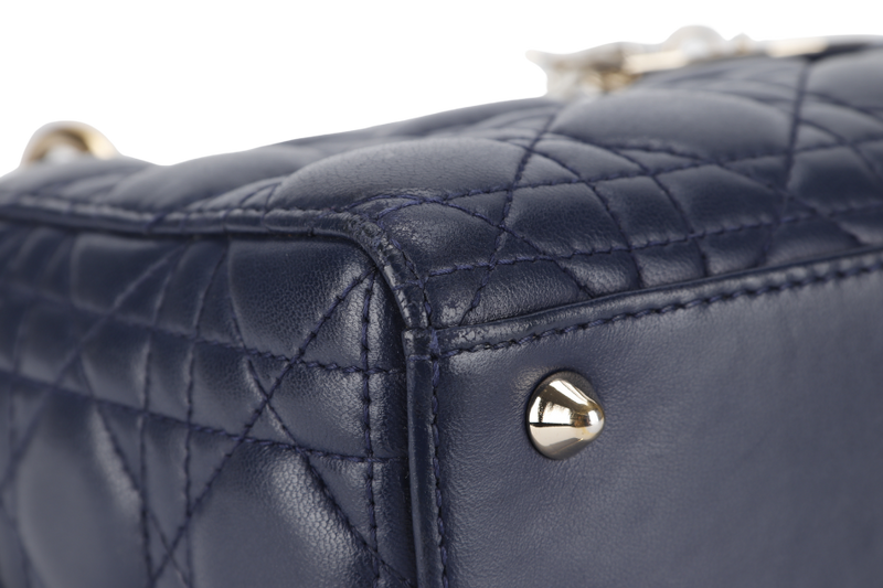 CHRISTIAN DIOR LADY DIOR SMALL (01-RU-1117) NAVY BLUE CANNAGE LAMBSKIN GOLD HARDWARE WITH STRAP, DUST COVER AND BOX