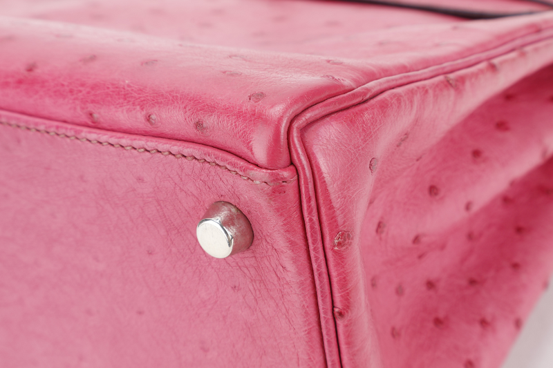 HERMES KELLY 32 RETOURNE FUCHSIA OSTRICH PHW STAMP I (YEAR 2005) WITH STRAPS AND DUST COVER