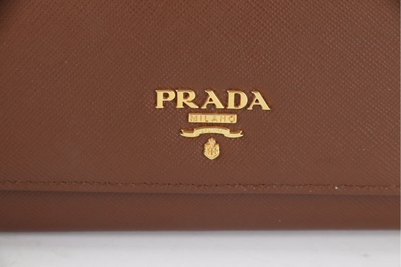 PRADA LONG WALLET BIFOLD (1M1132) BROWN SAFFIANO LEATHER GOLD HARDWARE WITH CARD