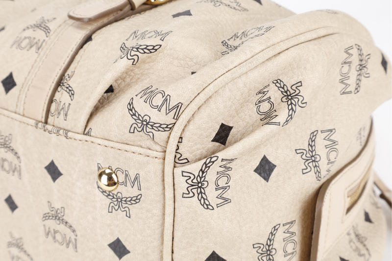 MCM BOSTON LIGHT BEIGE MONOGRAM CANVAS GOLD HARDWARE WITH KEYS, LOCK AND DUST COVER