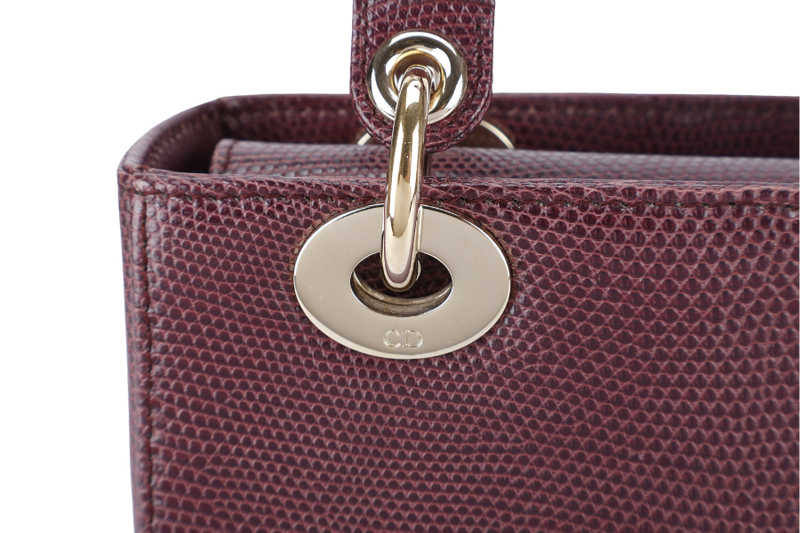 CHRISTIAN DIOR LADY DIOR MINI BURGUNDY LIZARD SKIN GOLD HARDWARE WITH STRAPS, CITIES REPORT AND DUST COVER