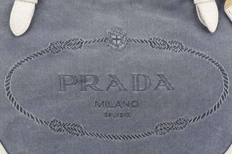 PRADA BLUE DENIM TOTE BAG WHITE LEATHER GOLD HARDWARE NO DUST COVER