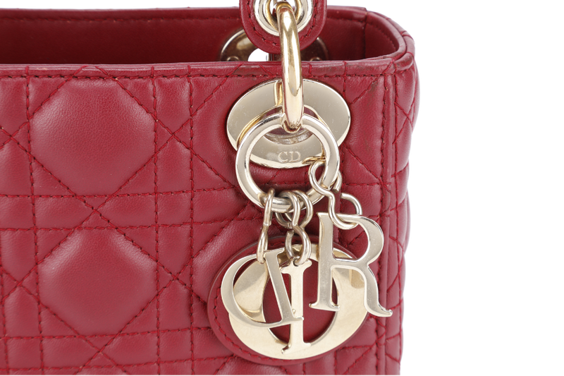 CHRISTIAN DIOR LADY DIOR MINI MAROON GOLD HARDWARE WITH CARD, DUST COVER AND BOX