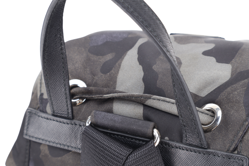 PRADA BZ0032 TESSUTO CAMOUFLAGE PATTERN GREEN BACKPACK WITH SILVER HARDWARE WITH CARD, NO DUST COVER