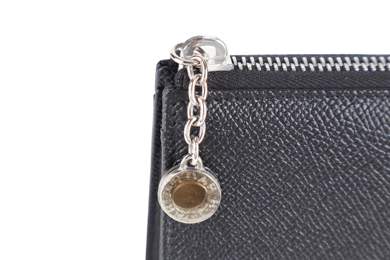 BVLGARI SMALL ZIP POUCH BLACK LEATHER SILVER HARDWARE WITH BOX