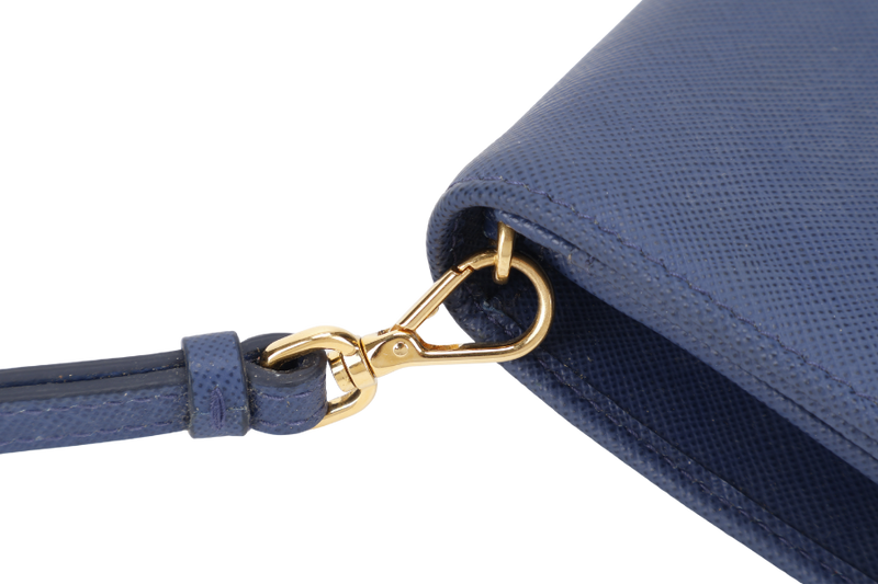 PRADA WRISTLET WALLET DARK BLUE SAFFIANO LEATHER GOLD HARDWARE