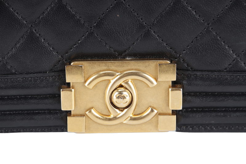 CHANEL LE BOY OLD MEDIUM (2165xxxx) BLACK LAMBSKIN GOLD HARDWARE WITH DUST COVER, CARD AND BOX