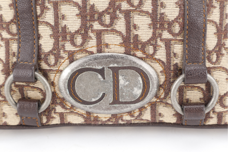 CHRISTIAN DIOR VINTAGE OBLIQUE TROTTER SATCHEL BAG BROWN LEATHER BEIGE CANVAS SILVER HARDWARE (07-BO-0036) NO DUST COVER