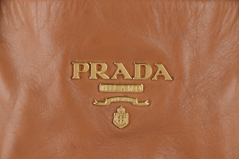 PRADA SOFT CALF (BN1902) MEDIUM BROWN LEATHER GOLD HARDWARE 2WAYS BAG WITH STRAP, DUST COVER AND CARD