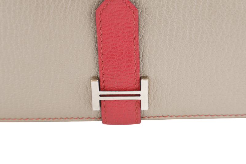 HERMES BEARN WALLET KHAKI BICOLOR CHEVRE MYSORE SILVER HARDWARE STAMP N SQUARE (YEAR 2010) NO DUST COVER