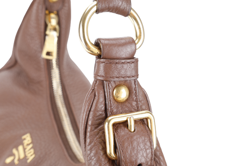 PRADA ZIP TOP HOBO VITELLO DAINO BAG LARGE BROWN LEATHER GOLD HARDWARE NO DUST COVER