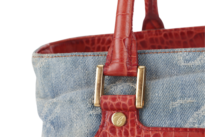 CHOPARD DENIM AND RED CROC SKIN EMBOSSED SHOULDER BAG WITH DUST COVER