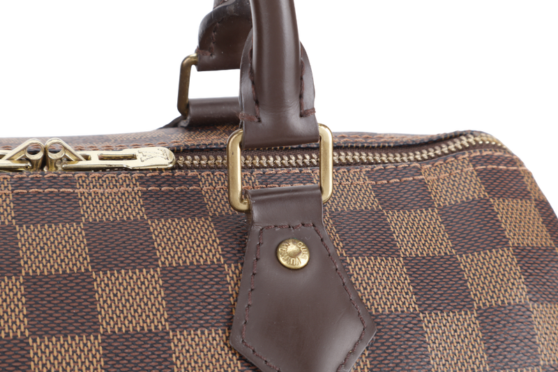LOUIS VUITTON SPEEDY 30 DAMIER EBENE CANVAS GOLD HARDWARE WITH STRAPS, LOCK & KEYS AND DUST COVER