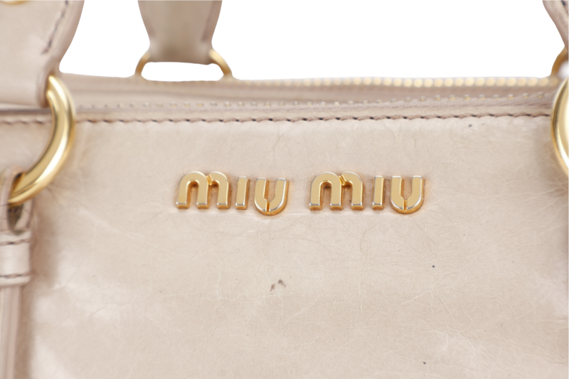 MIU MIU VITELLO LUX LARGE BEIGE BOWLER BAG GOLD HARDWARE WITH LEATHER STRAPS AND DUST COVER