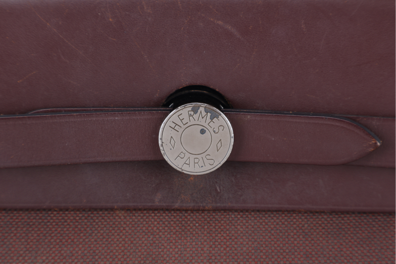 HERMES HERBAG 31 PRUNE CANVAS WITH BROWN LEATHER TRIM STAMP R (2014) SILVER HARDWARE WITH LOCK & KEYS, DUST COVER AND BOX