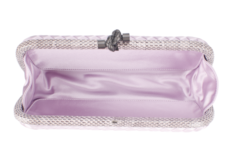 BOTTEGA VENETA KNOT CLUTCH MEDIUM LILAC SATIN BLACK HARDWARE WITH DUST COVER