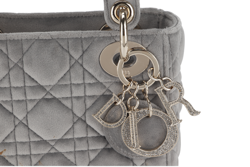 CHRISTIAN DIOR LADY DIOR (01-RU-1129) MINI GREY SUEDE LEATHER GOLD HARDWARE WITH STRAP, CARD AND DUST COVER