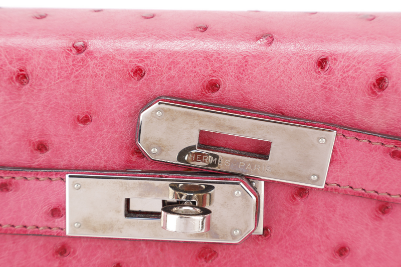 HERMES KELLY 32 RETOURNE FUCHSIA OSTRICH PHW STAMP I (YEAR 2005) WITH STRAPS AND DUST COVER