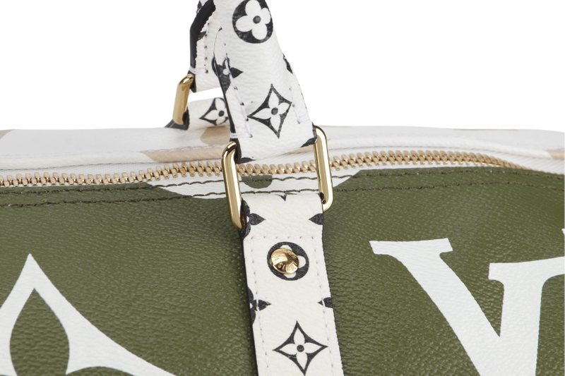 LOUIS VUITTON KEEPALL BANDOULIERE 50 (M44590) KHAKI BEIGE GIANT MONOGRAM GOLD HARDWARE WITH STRAPS, PADLOCK, KEYS, DUST COVER AND BOX