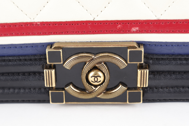 CHANEL LEBOY (2191xxxx) CREST BLACK, RED, WHITE & BLUE LAMBSKIN LEATHER GOLD HARDWARE WITH BOX