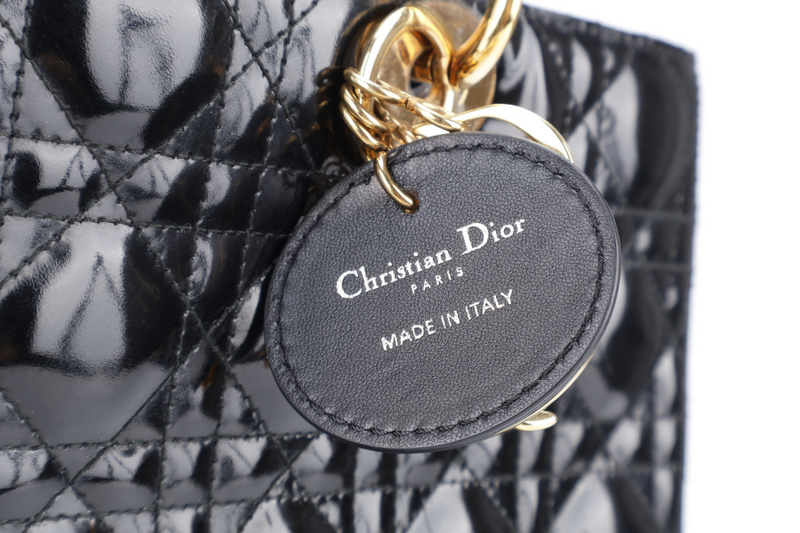CHRISTIAN DIOR LADY DIOR LARGE BLACK PATENT LEATHER GOLD HARDWARE (17-BO-1009) WITH CARD NO DUST COVER
