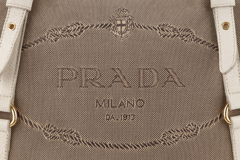 PRADA LOGO JACQUARD TOTE KHAKI CANVAS GOLD HARDWARE NO DUST COVER