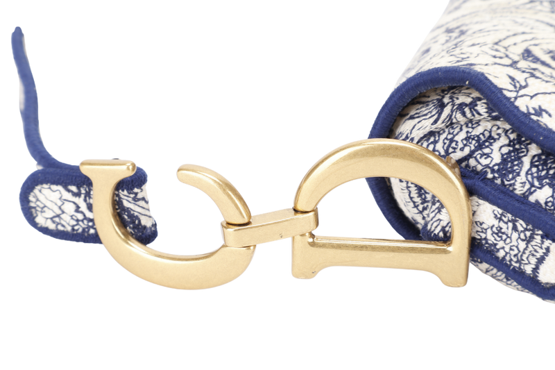 CHRISTIAN DIOR SADDLE TOILE DE JOUY WHITE BLUE CANVAS GOLD HARDWARE WITH DUST COVER AND BOX