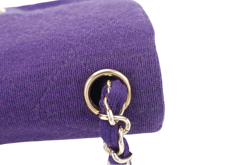CHANEL CLASSIC FLAP MINI SQUARE (648xxxx) PURPLE JERSEY GOLD HARDWARE WITH DUST COVER AND CARD