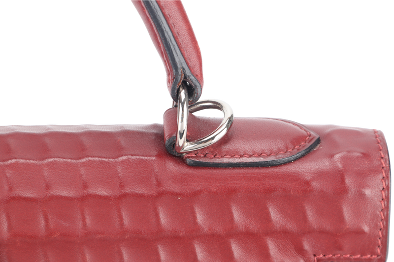 HERMES KELLY 32 WAFFLE SELLIER STAMP G (YEAR 2003) ROUGE H EVERCALF LEATHER SILVER HARDWARE WITH STRAPS, DUST COVER (NO KEYS & LOCK)