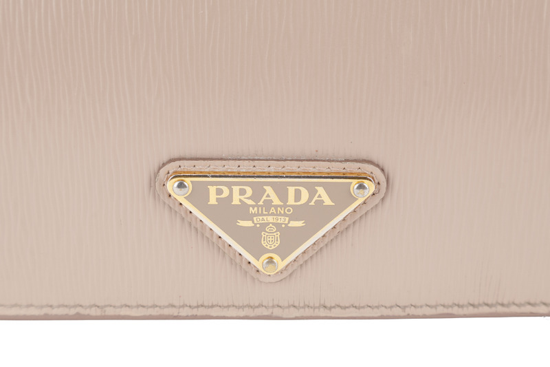 PRADA BANDOLIERA TRIANGLE LOGO HANDBAG MINI BEIGE LEATHER GOLD HARDWARE WITH DUST COVER AND BOX