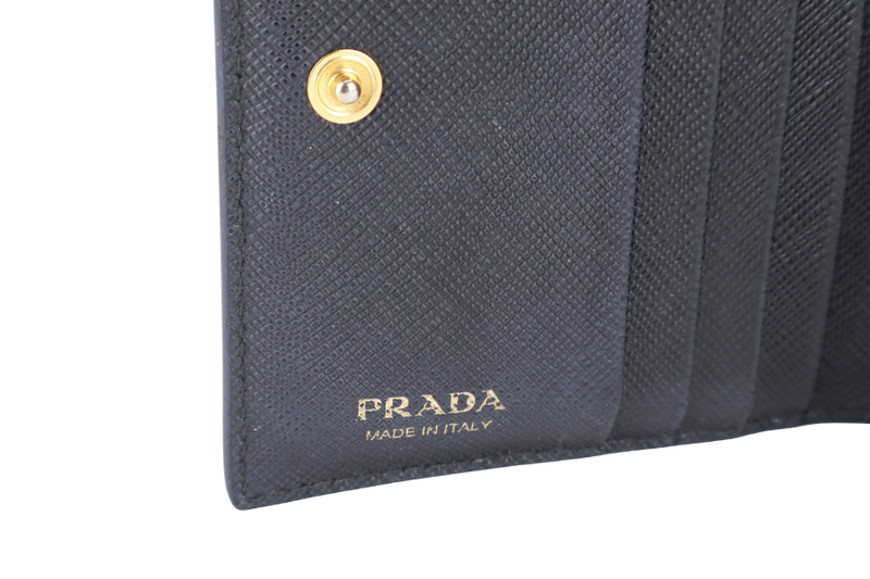 PRADA SMALL BLACK SAFFIANO LEATHER WALLET GOLD HARDWARE WITH CARD AND BOX